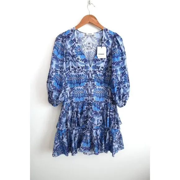 SANDRO PARIS Linen Blend Floral Tiered Mini Dress Net-A-Porter 38 6 M $520 - Picture 3 of 14